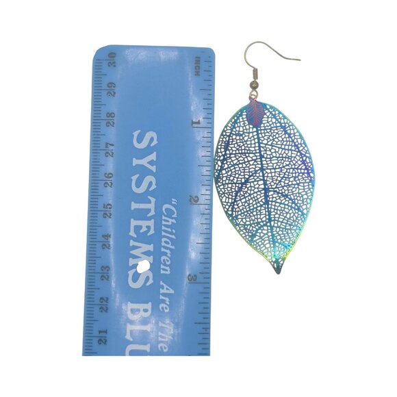 Iridescent Leaf Skeleton Dangle Earrings With Fishhook Closure -Lightweight Boho - Picture 7 of 7